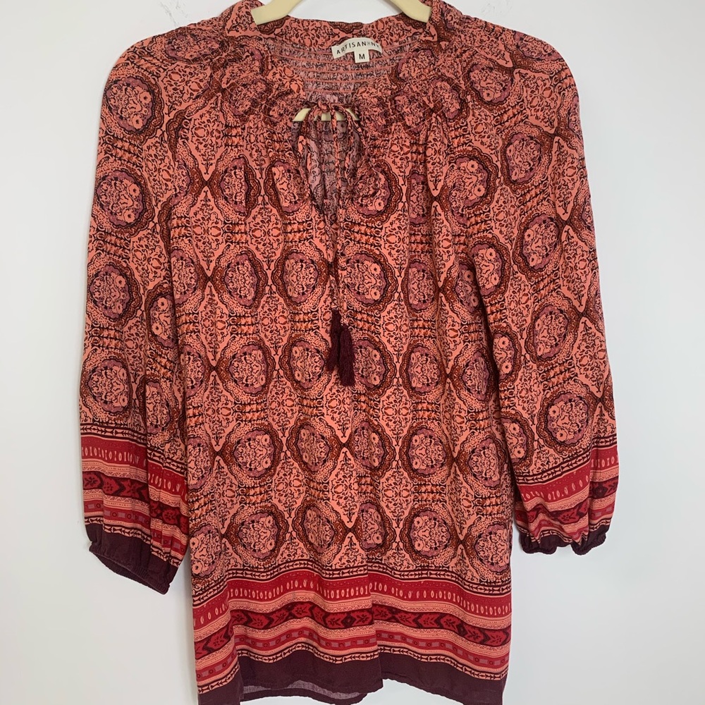 Artisan NY Womens Medallion Print‎ Smocked Peasant Blouse Coral Orange M